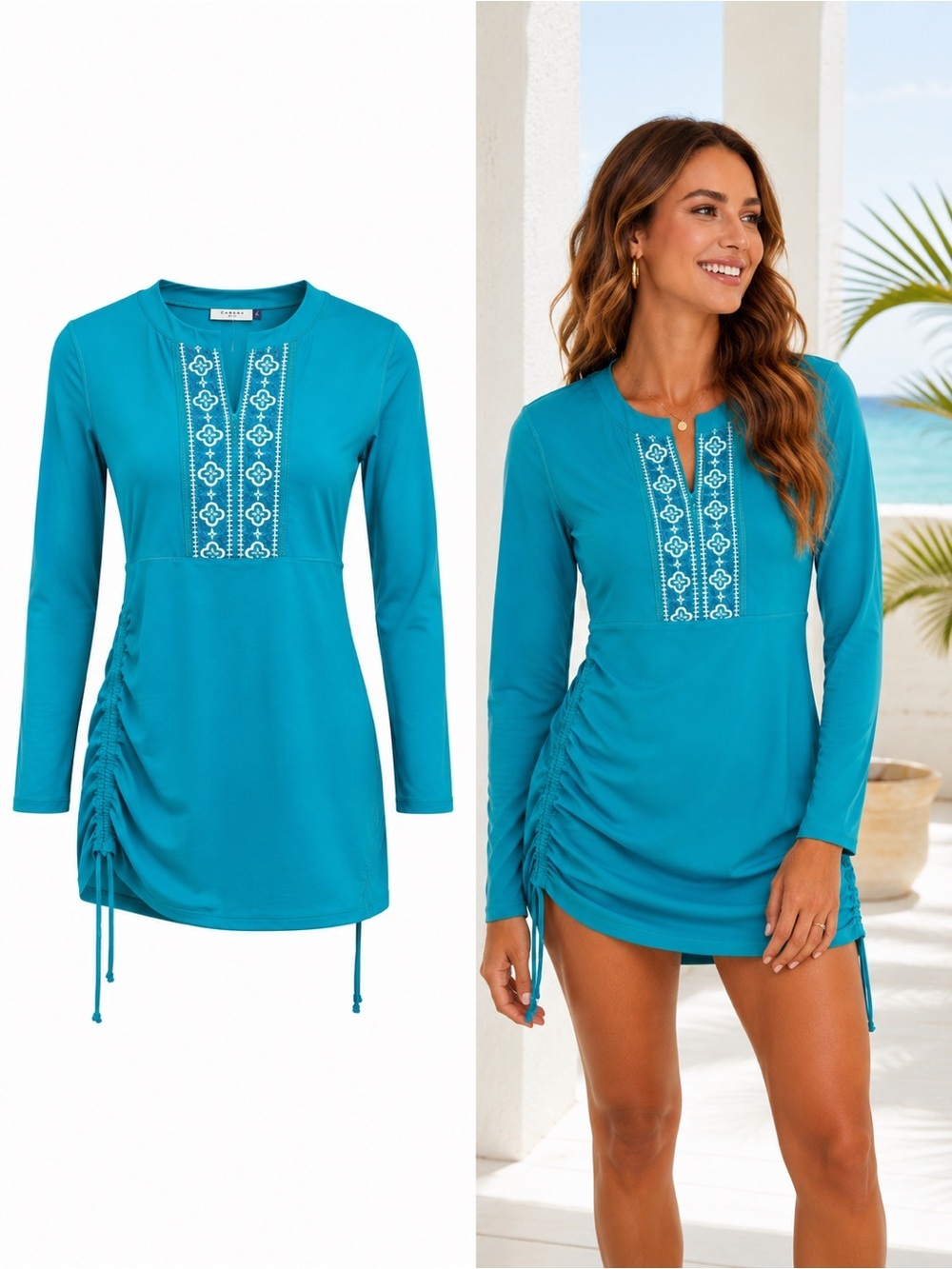 Cabana Life | Embroidered Ruched Swim Cover Up Dress | Medium | Turquoise